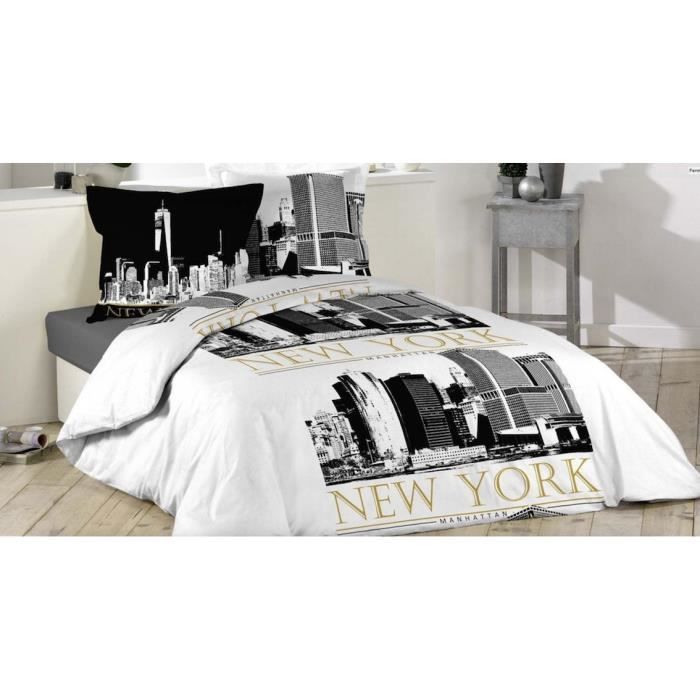 Housse De Couette NEW YORK + 2 Taies 100% Coton 220 X 240 ...