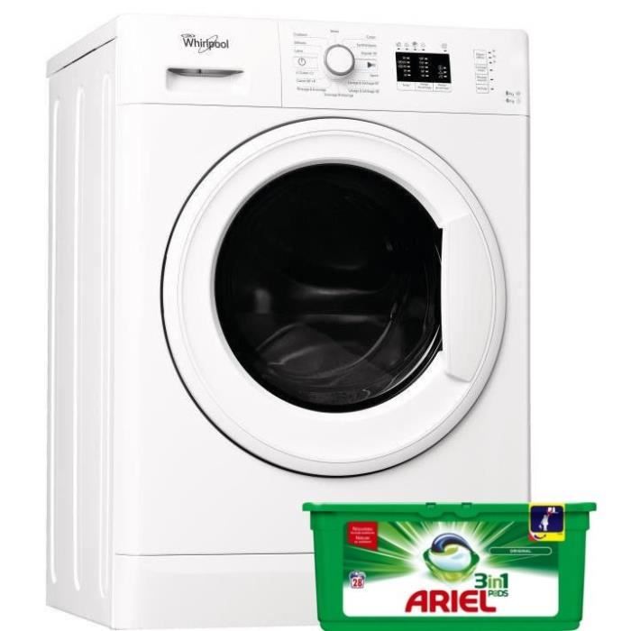 PACK LAVAGE WHIRLPOOL WWDE8612 - Lave linge séchant - Lav. 8kg / Sèch 6 kg - 1200 tours - Classe A - Blanc + ARIEL PODS LESSIVE 8162