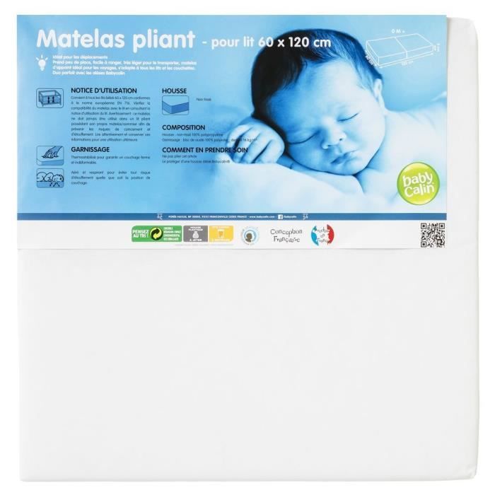 BABYCALIN Matelas de lit Pliant nomade 2 parties - Housse blanche - 16 kg/m³ - 60 x 120 x 5 cm