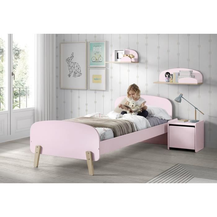 KIDDY Chambre enfant complète style scandinave en bois pin massif et MDF laqué vieux rose - l 90 x L 200 cm