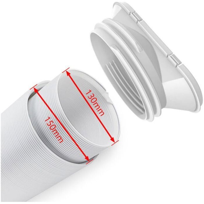 Buse plate blanche en plastique insérée dans un tuyau souple blanc, avec indication des diamètres intérieur (130 mm) et extérieur (150 mm) par des cotes rouges.