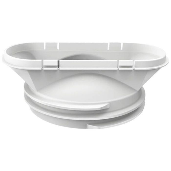 Vue frontale de la buse plate blanche en plastique, montrant sa forme ovale avec des languettes de fixation sur le pourtour. La buse est posée sur un fond blanc uni. Aucun texte ou logo visible.