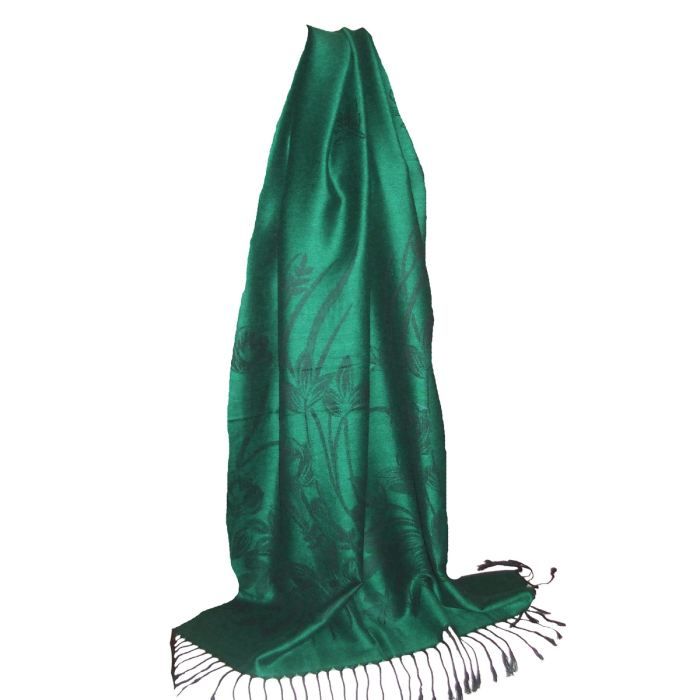 Châle Pashmina Népalais - Vert Laurier - 198x72 Cm - Tissu Doux Acrylique/viscose - Franges - Pour Soirée, Mariage, Cadeau - 2