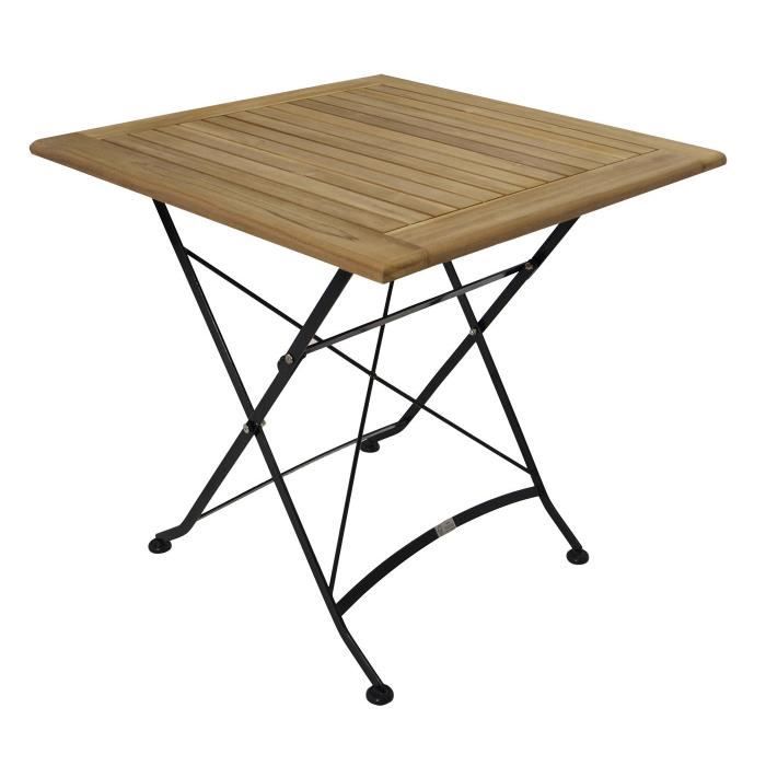 Table carré pliante salon de jardin 75x75cm acier plat noir et bois