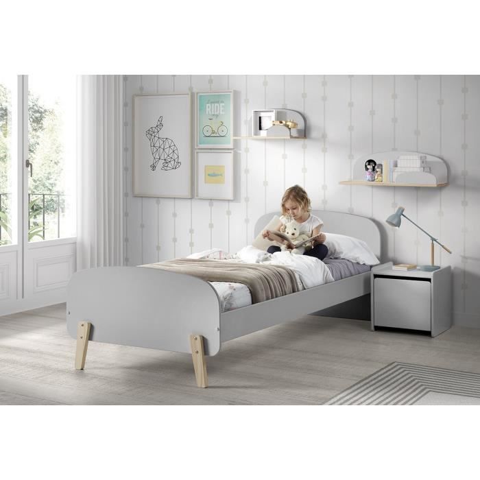 KIDDY Chambre enfant complète style scandinave en bois pin massif et MDF laqué gris cool - l 90 x L 200 cm