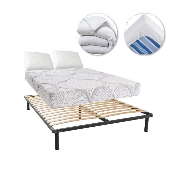 OLYMPE LITERIE Matelas + sommier 160x200 - Mémoire de forme lavend'tech® 60kg/m3 - Equilibré + Pack linge de lit