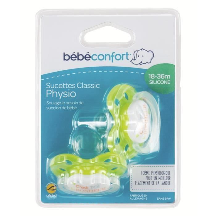 BEBE CONFORT Sucette Classique Physio Silicone 18/36m (x2) - Vert (Lot de 3)