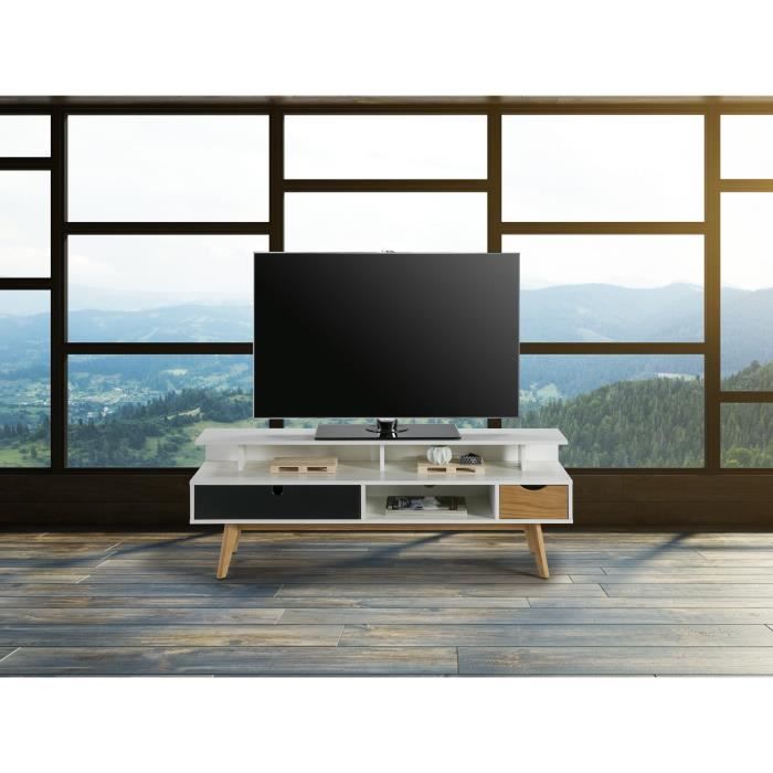 LISS Meuble TV 2 tiroirs en pin massif - Blanc et gris anthracite ciré - L 139 x P 37 x H 50 cm
