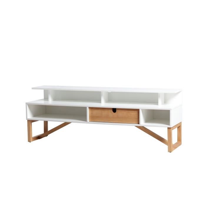 ALIA Meuble TV 1 tiroir en pin massif - Décor blanc ciré - L 139 x P 37 x H 50 cm