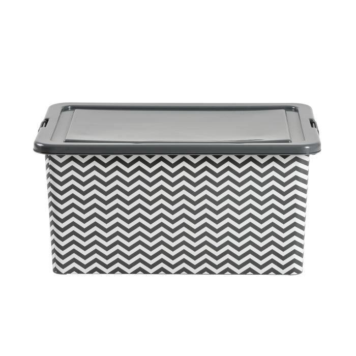 MY NOTE DECO Boîte de rangement Graphik en plastique - 35 L - Couvercle et poignées clipsables - Gris anthracite et blanc