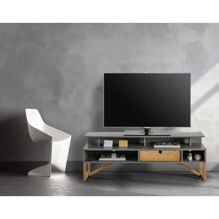 ALIA Meuble TV Bas à poser GALIA 1 tiroir en pin massif - Décor gris ciré - L 139 x P 37 x H 50 cm