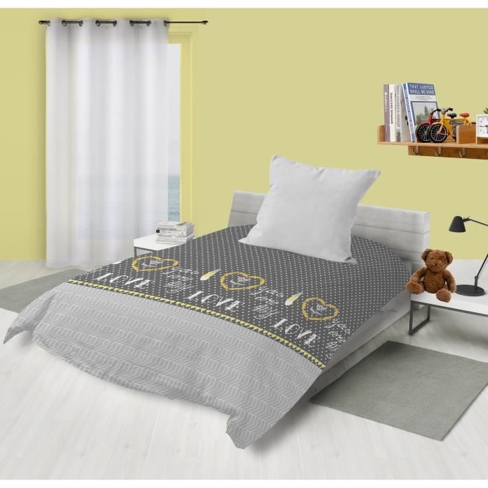 SOLEIL D'OCRE Parure de couette Microfibre MY LOVE - 1 Housse de couette 140x200 cm + 1 Taie d'Oreiller 63x63 cm - Gris