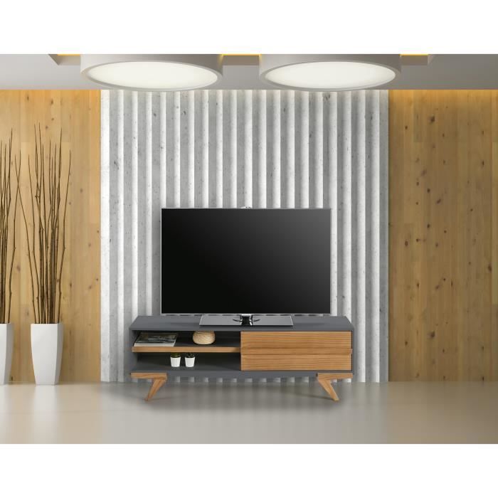 TINA Meuble TV 1 porte en pin massif - Décor gris ciré - L 130 x P 39 x H 43 cm