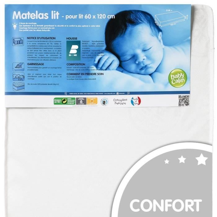 BABYCALIN Matelas Bébé 60x120x10 cm - Traité Biome 16 kg/m3