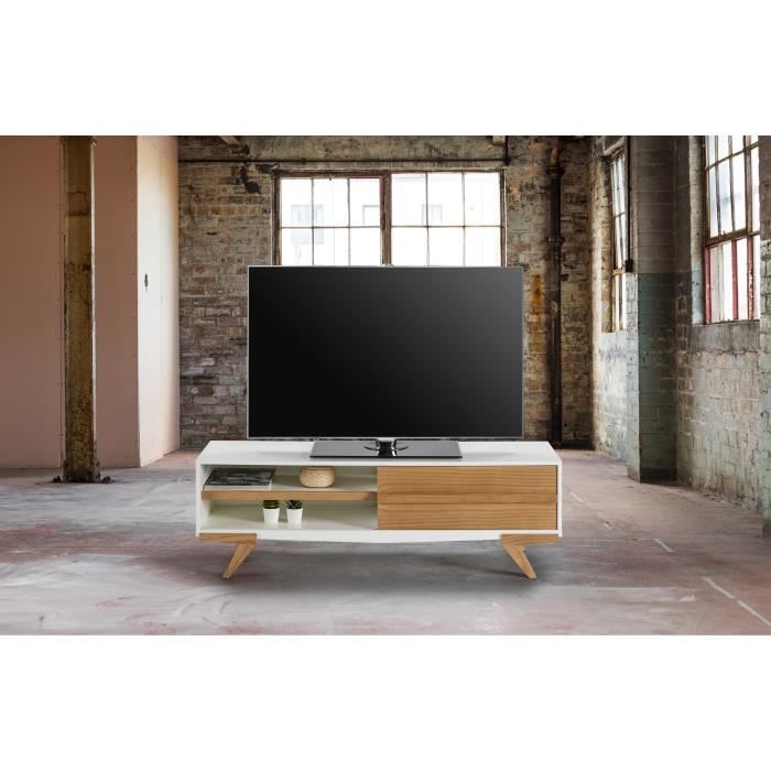 TINA Meuble TV 1 porte en pin massif - Décor blanc ciré - L 130 x P 39 x H 43 cm