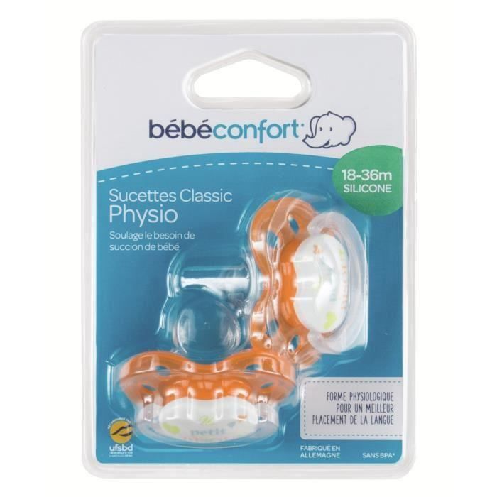 BEBE CONFORT Sucette Classique Physio Silicone 18/36m (x2) - Orange (Lot de 3)