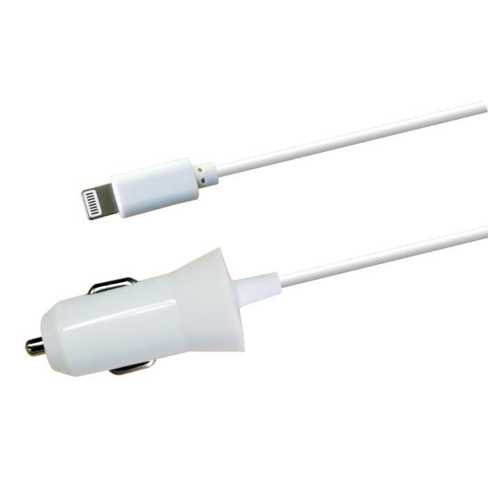 M500 Chargeur allume cigare IPHONE 5 / 6 / 7 / 8 / X avec câble renforcé non séparé 1,2 m + prise allume USB 2,4 A