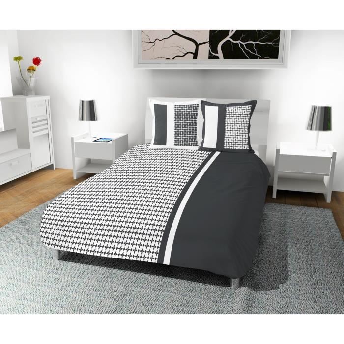 SOLEIL D' OCRE Parure de couette Damier 100% coton - 1 housse de couette 240 x 260 cm + 2 taies d'oreiller - Gris anthracite