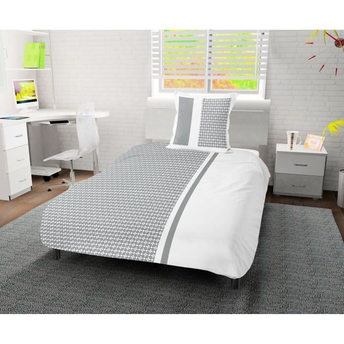 SOLEIL D' OCRE Parure de couette Damier 100% coton - 1 housse de couette 140 x200 cm + 1 taie d'oreiller - Blanc