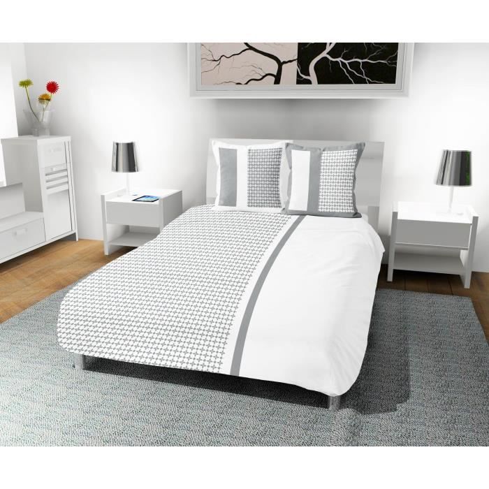 SOLEIL D' OCRE Parure de couette Damier 100% coton - 1 housse de couette 240 x 260 cm + 2 taies d'oreiller - Blanc