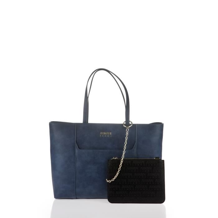 ARMANI JEANS - Sac Cabas Bleu Océan En Similicuir Grainé et Petite Pochette Noire - Femme