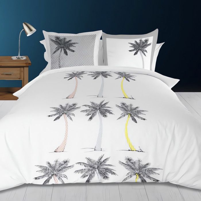 SOLEIL D' OCRE Parure de couette Palmier 100% coton - 1 housse de couette 220 x 240 cm + 2 taies d'oreiller - Blanc