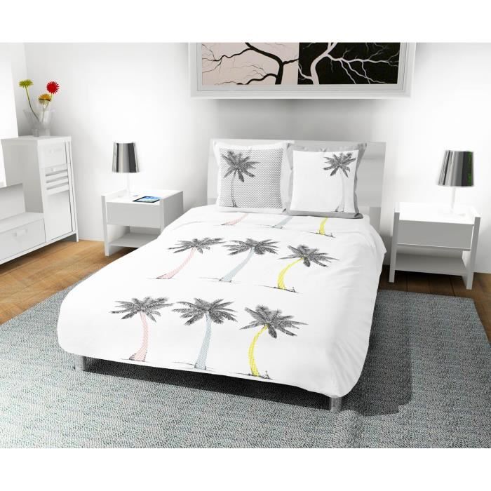 SOLEIL D' OCRE Parure de couette Palmier 100% coton - 1 housse de couette 240 x 260 cm + 2 taies d'oreiller - Blanc