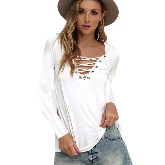 V Slim noir kaki Femme Poitrine Longues Mode Col shirt rouge Profond Sexy T T Tee Manches Shirt À Blanc Sangle x40wqA1cgS