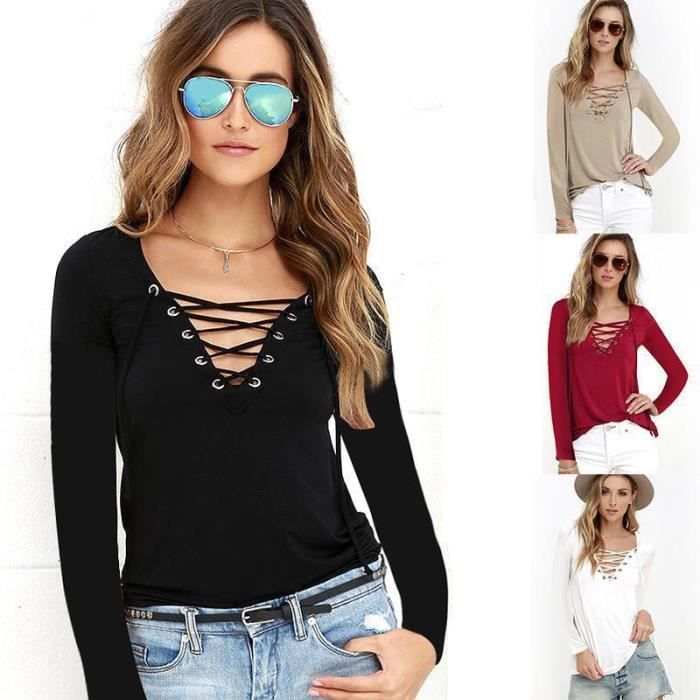 V Slim noir kaki Femme Poitrine Longues Mode Col shirt rouge Profond Sexy T T Tee Manches Shirt À Blanc Sangle x40wqA1cgS