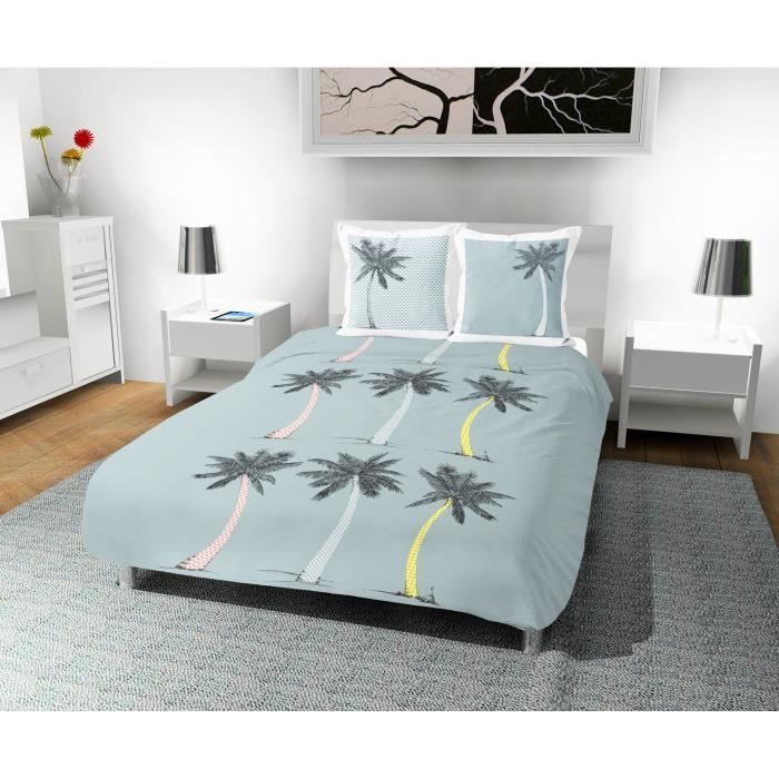 SOLEIL D' OCRE Parure de couette Palmier 100% coton - 1 housse de couette 220 x 240 cm + 2 taies d'oreiller - Bleu