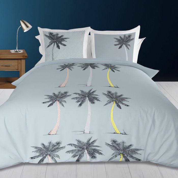 SOLEIL D' OCRE Parure de couette Palmier 100% coton - 1 housse de couette 240 x 260 cm + 2 taies d'oreiller - Bleu