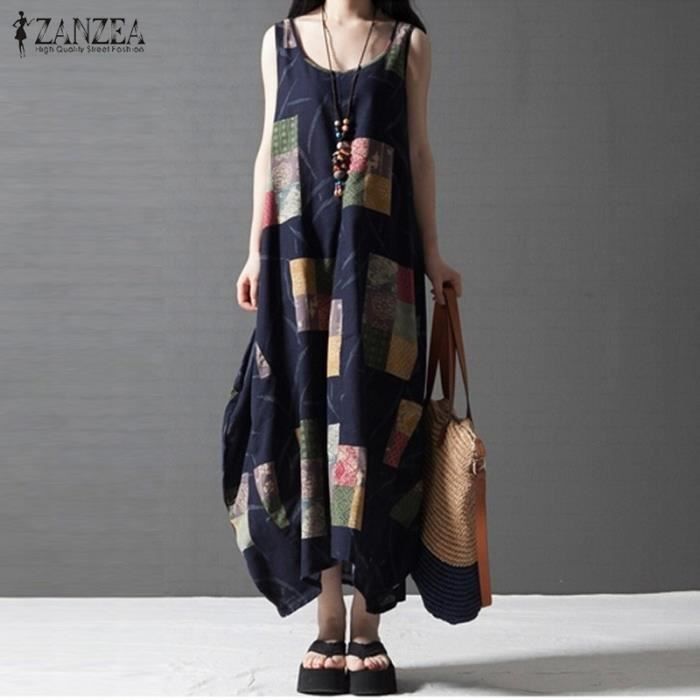 ZANZEA Robe longue Boho Femmes sans manches coton Lin ...