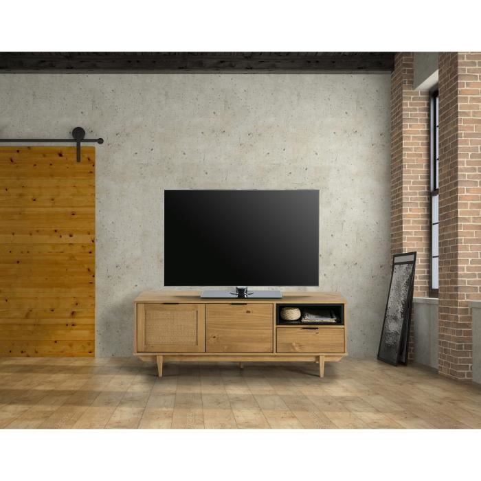 PARIS Meuble TV 2 portes 1 tiroirs en pin massif - Décor ciré - L 140,8 x P 37 x H 52,5 cm