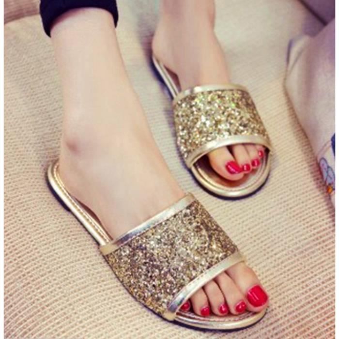 Plage Pu Pantoufles Femme Eté Chaussures Souple Paillette Cuir Aequeen fIy6vY7gb