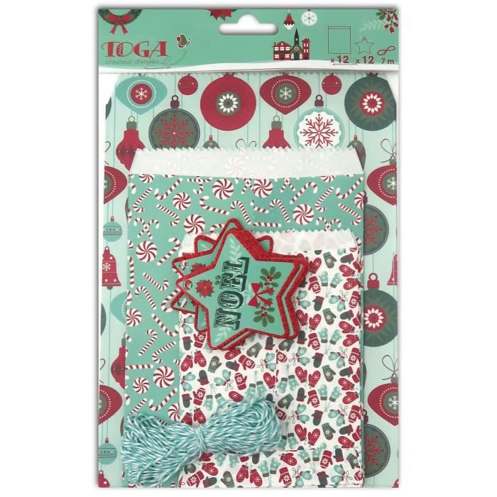 TOGA Lot de 12 sachets plats en papier - Imprimés Joyeux Noël