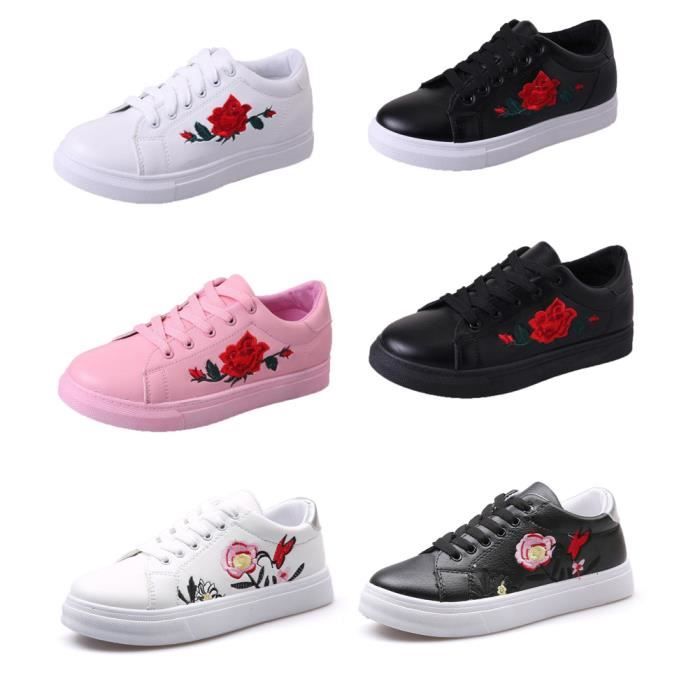 Minetom Femme Sport Rose Broderie Basket Sneakers Basses Plat ... BASKET Minetom Femme Sport Rose Broderie Basket Sneakers