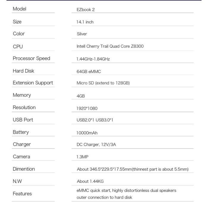 14.1” JUMPER EZbook 2 Ultra Mince 4GB+64GB IPS3