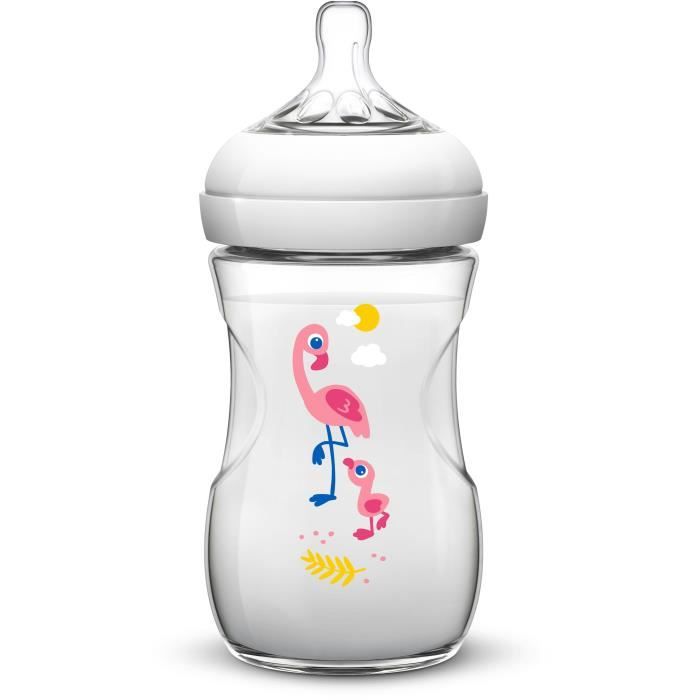 PHILIPS AVENT SCF627/21 Biberon Natural anti-coliques - 260 ml - Motif Maman/Bébé Flamand Rose