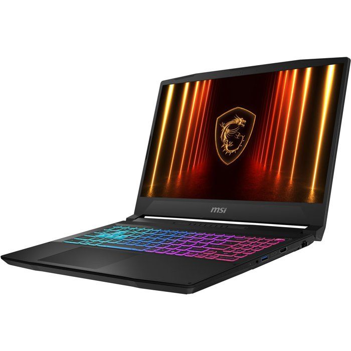 Écran du PC portable MSI Katana 15 affichant un logo AI sur fond violet