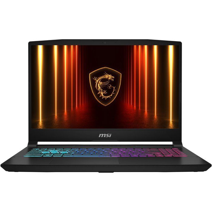 PC portable MSI Katana 15 avec écran allumé affichant un logo AI sur fond violet