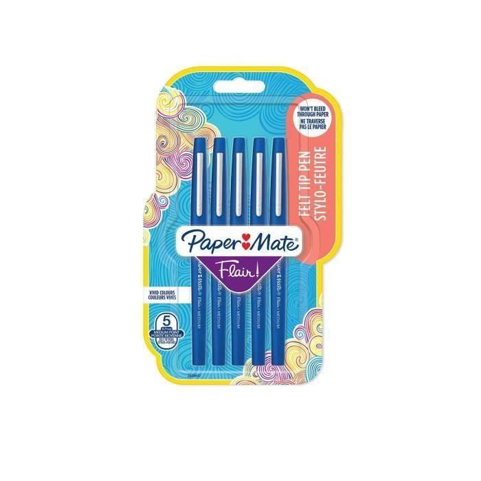 Produit shopeco.fr : PAPER MATE - Lot de 5 stylos Flair - Pointe moyenne - Encre bleue (Lot de 3)