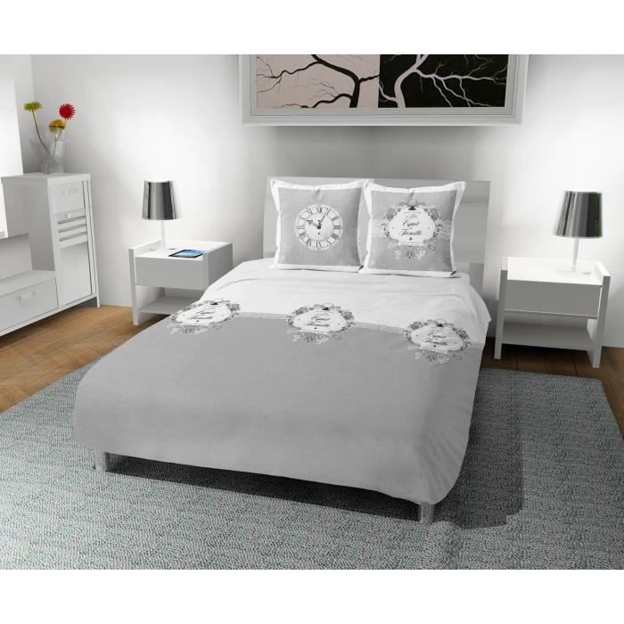 SOLEIL D' OCRE Parure de couette Esprit de Famille 100% coton - 1 housse de couette 240 x 260 cm + 2 taies d'oreiller - Gris