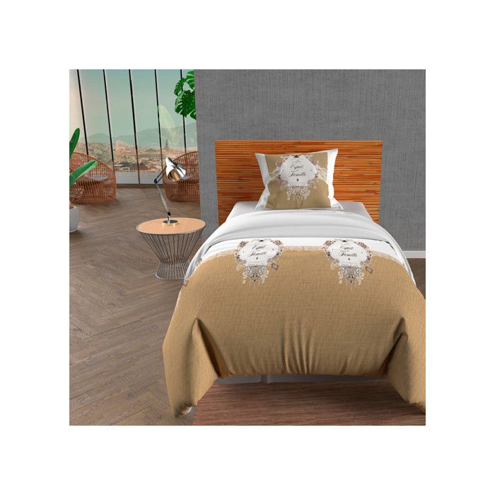SOLEIL D' OCRE Parure de couette Esprit de Famille 100% coton - 1 housse de couette 140 x200 cm + 1 taie d'oreiller - Taupe