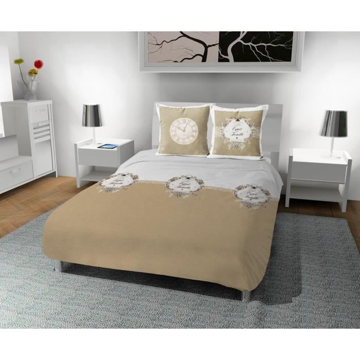 SOLEIL D' OCRE Parure de couette Esprit de Famille 100% coton - 1 housse de couette 220 x 240 cm + 2 taies d'oreiller - Taupe
