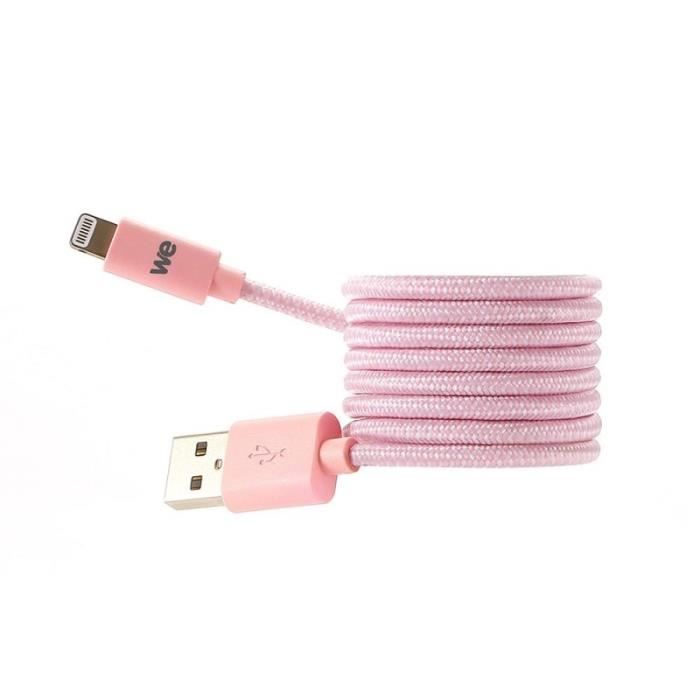 WE Câble USB - Nylon tressé - 1 mètre - Rose pâle et blanc