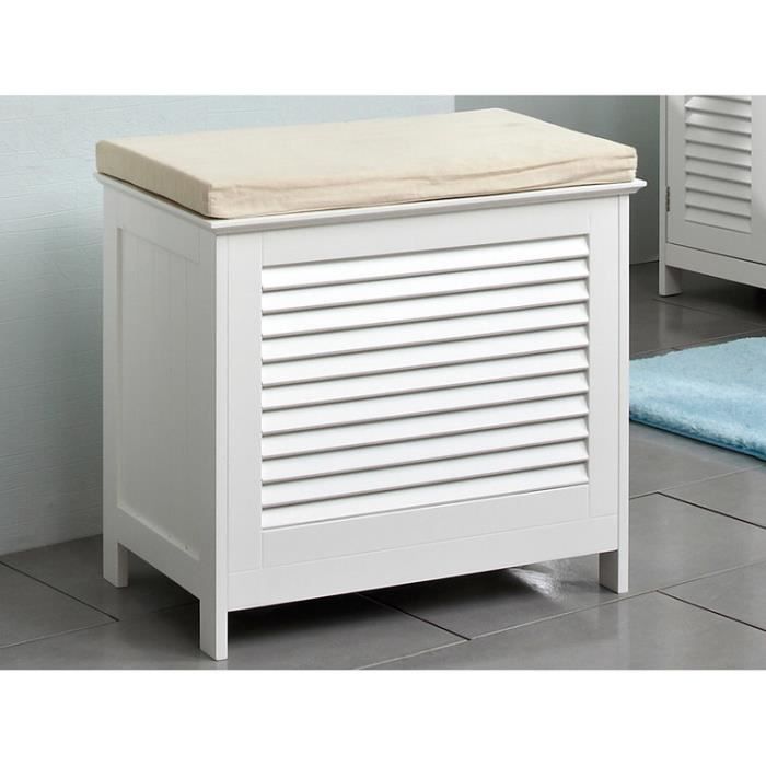 Coffre à linge en bois avec persienne + coussin en tissu L60xP52xH30cm