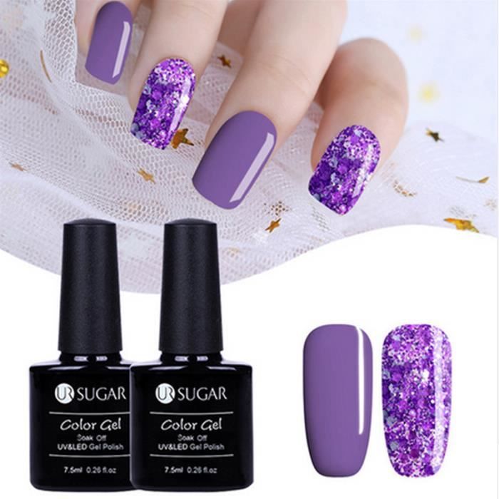2 flacons gel vernis à ongle violet foncé paillett