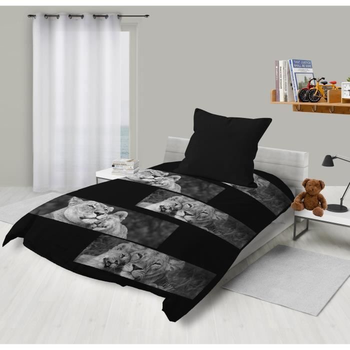 SOLEIL D'OCRE Parure Microfibre LION - 1 Housse de couette 140x200 cm + 1 Taie d'Oreiller 63x63 cm - Noir