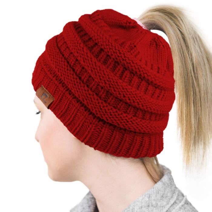 Bonnet Femme en Tricot Queue de Cheval Chapeau Rouge