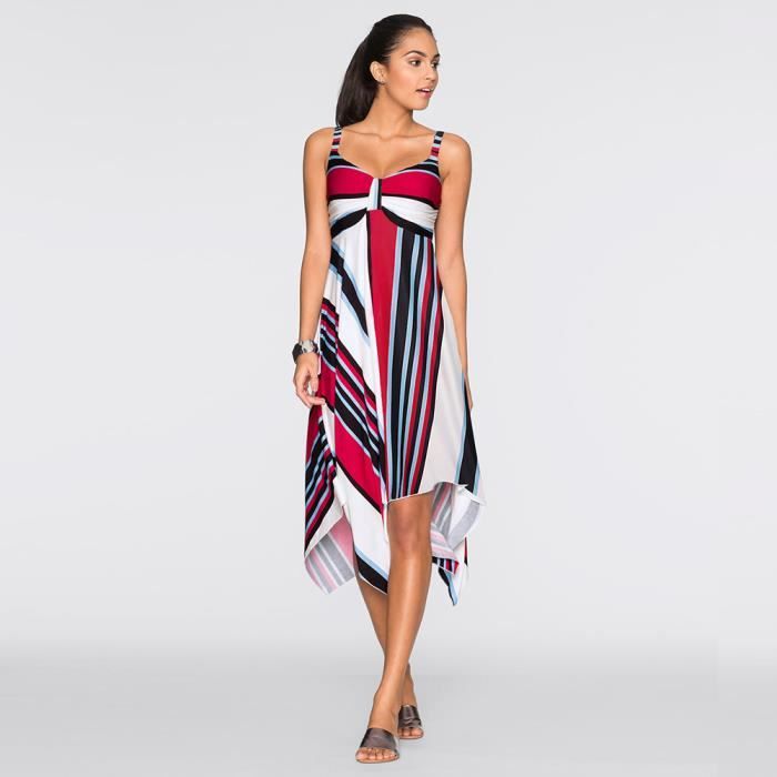 Robe G8366 Bleu Taille Xxl De Plage Géométrique Imprimé Rayures V Sans Manches Hem Asymmetric Balançoire Boho Casual Jaune